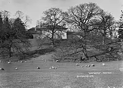 a country house, partly obscured by trees, overlooking a field with sheep