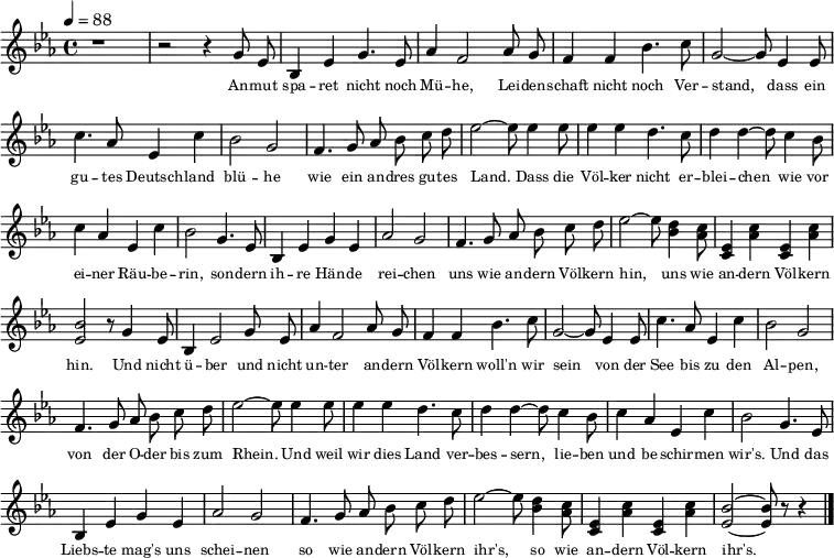  \header { tagline = ##f } \layout { indent = 0 \context { \Score \remove "Bar_number_engraver" } } global = { \key es \major \time 4/4 }  sopranoVoice = \relative c'' { \global \autoBeamOff \tempo 4=88   r1 | r2 r4 \set Score.tempoHideNote = ##t \tempo 4 = 102 g8 es | bes4 es g4. es8 | as4 f2   as8 g | f4 f bes4. c8 | g2~ g8   es4 es8 | c'4. as8 es4 c' | bes2 g |   f4. g8 as bes c d | es2~ es8   es4 es8 | es4 es d4. c8 | d4 d~ d8   c4 bes8 | c4 as es c' | bes2   g4. es8 | bes4 es g es | as2 g |   f4. g8 as bes c d | es2~ es8   <d bes>4 <c as>8 | <es, c>4 <c' as> <es, c> <c' as> | <bes es,>2 r8   g4 es8 | bes4 es2 g8 es | as4 f2   as8 g | f4 f bes4. c8 | g2~ g8   es4 es8 | c'4. as8 es4 c' | bes2 g |   f4. g8 as bes c d | es2~ es8   es4 es8 | es4 es d4. c8 | d4 d~ d8   c4 bes8 | c4 as es c' | bes2   g4. es8 | bes4 es g es | as2 g |   f4. g8 as bes c d | es2~ es8   <d bes>4 <c as>8 | <es, c>4 <c' as> <es, c> <c' as> | <bes es,>2~ <bes es,>8 r8 r4 \bar "|." }  verse = \lyricmode { \tiny   An -- mut spa -- ret nicht noch Mü -- he,   Lei -- den -- schaft nicht noch Ver -- stand,   dass ein gu -- tes Deutsch -- land blü -- he   wie ein an -- dres gu -- tes Land.    Dass die Völ -- ker nicht er -- blei -- chen   wie vor ei -- ner Räu -- be -- rin,   son -- dern ih -- re Hän -- de rei -- chen   uns wie an -- dern Völ -- kern hin,   uns wie an -- dern Völ -- kern hin.    Und nicht ü -- ber und nicht un -- ter   an -- dern Völ -- kern woll'n wir sein   von der See bis zu den Al -- pen,   von der O -- der bis zum Rhein.    Und weil wir dies Land ver -- bes -- sern,   lie -- ben und be -- schir -- men wir's.   Und das Liebs -- te mag's uns schei -- nen   so wie an -- dern Völ -- kern ihr's,   so wie an -- dern Völ -- kern ihr's. }  rightOne = \relative c'' { \global   <bes' bes,>2 g4 es | bes16 c bes8~ bes2. | es,1 | d2 bes |   f'1 |es4 bes'8.-> c16-> g8-> r r4 | c1 | <bes bes,>2 <g es> |   <f es c>2 <f d> | r8 es'4 d8 c g es c | g1 | r8 g''4 d8 bes g d bes | <es c as>1 |   \oneVoice r8 bes''4 g8 es bes g es | \voiceOne bes es g,2 bes8 es | <as d,>2 <g d> |   <f d>1 | r8 es'4 d8 c bes4 es8 | es,2 <es' as, es> | <es bes es,>1 |   <es, bes g>4-. <es bes g>-. <es bes g>-. r | <d bes as>-. <d bes as>-. <d bes as>-. r |   <f bes, as>-. <f bes, as>-. <f bes, as>-. r | g2 f4 es | as as-> g f | bes g es bes' |   bes c <as f c> <f c as> | r8 es'4 d8 c g es c | <es c g>1 |   r8 g'4 d8 bes g d bes | <es c as>1 | r8 bes''4 g8 es bes g es |   bes es g,2 bes8 es | <as d,>2 <g d> | <f d>1 | \voiceOne r8 es'4 d8 c bes4 es8 |   <es, c as>2 <es' as, es> | <es bes es,>1 \bar "|." }  rightTwo = \relative c'' { \global   s1 | s1 | <bes, g>4 <bes g>2 <bes g>4 | <bes as> <bes as> as2 |   <bes as>4 <bes as> <bes as> s4 | <bes g>1 | <es c> | r4 es d c |   s2 bes4 as | <es' c g>1 | s1 | <g f d> | s1 | s1 | s2. g,4 |   s2 d'8 es f g | c,4 bes as g | <es' c g>1 | s1 | \once \override NoteColumn.force-hshift = #1.9 as4 g2. |   s2. r4 | s2. r4| s2. r4 | <bes, g>4 <bes g>2. | <es c as>4 <es c as>2. | <es bes>4 <es bes>2. |   <es c>2 s2 | <es c g>1 | s1 | <g f d> | s1 | s1 | s2. g,4 |   s2 d'8 es f g | c,4 bes as g | <es' c g>1 | s1 | \once \override NoteColumn.force-hshift = #1.9 as4 g2. \bar "|." }  leftOne = \relative c' { \global   bes2 g4 es | bes16 c bes8~ bes2. | es4 es2 es4 | f4 f2 f4 |   bes,4 bes2 <bes' as f bes,>4 | es,,4 <bes'' g es>2 <bes g es>4 | es,2~ es8 f g as | \oneVoice <es g,>2 <g c,> |   <f as,> bes, | <c c,>4 <g' es c> <g es c>2~ | <g es c>2. <c, c,>4 | <bes bes,> <bes bes,> <bes bes,>2 |   \voiceThree es2~ es8 f g as | g bes es2 s4 | r4 es,2 es4 | r8 f bes c s2 |<bes bes,>1 | <c, c,> |   \oneVoice <as' c, as>2 <c as> | <es, bes es,>1 | <es es,>4-. <es es,>-. <es es,>-. r |   <f bes, f>-. <f bes, f>-. <f bes, f>-. r | <bes, bes,>-. <bes bes,>-. <bes bes,>-. r |   <es es,> <es es,>2. | <es f,>4 <es f,>2. | <es g,>4 <es g,>2. | <es as,>2 <bes bes,> |    c,4 <g'' es c> <g es c>2 | <c, c,>1 | <bes bes,>4 <bes bes,> <bes bes,>2 |    \voiceThree es2~ es8 f g as | g bes es2 <bes g es>4 | r4 es,2 es4 | r8 f bes c s2 | <bes, bes,>1 |    <c c,> | \oneVoice <es as,>2 <c' as> | \voiceThree as4 g2. \bar "|." }  leftTwo = \relative c' { \global   s1 | s1 | es,, | es | es | s1 |as8 r as r as r r4 | s1 |   s1 | s1 | s1 | s1 | <as as,>1 | es'4 <g es>2 <bes g es>4 | es,,1 | <bes' f> |   s1 | s1 | s1 | s1 | s1*4 | s1*5 | s1 | <as as,>1 | es'4 <g es>2 s4 |   es,1 | <bes' f>1 | s1 | s1 | s1 | <bes es,>1 \bar "|." }  sopranoVoicePart = \new Staff \with { midiInstrument = "clarinet" }   { \sopranoVoice } \addlyrics { \verse }  pianoPart = \new PianoStaff <<   \new Staff = "right" \with { midiInstrument = "acoustic grand" \consists "Merge_rests_engraver" }     << \rightOne \\ \rightTwo >>   \new Staff = "left" \with { midiInstrument = "acoustic grand" }     { \clef bass << \leftOne \\ \leftTwo >> } >>  \score {   <<     \sopranoVoicePart %   \pianoPart % Piano part not shown here, only in MIDI   >>   \layout { } } \score { << \sopranoVoicePart \\ \pianoPart >>   \midi { } } 
