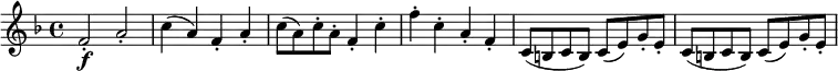  \relative f' { \key f \major \time 4/4 f2-. \f a-. | c4( a) f-. a-. | c8( a) c-. a-. f4-. c'-. f4-. c-. a-. f-. | c8( b c b) c( e) g-. e-. | c8( b c b) c( e) g-. e-. } 