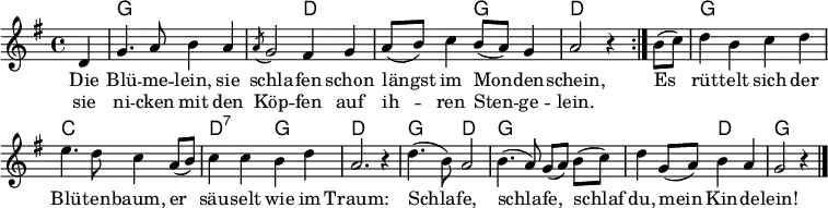  \header { tagline = ##f } \layout { indent = 0 \set Score.tempoHideNote = ##t   \context { \Score \remove "Bar_number_engraver" }   \context { \Voice \remove "Dynamic_engraver" } } global = { \key g \major \time 4/4 \partial 4 }  kords = \chordmode { \global   \repeat volta 2 { s4 | g,1 | g,2 d,2 | d,2 g,2 | d,2 s4 }   s4 | g,1 | c,1 | d,2:7 g,2 | d,2. s4   g,2 d,2 | g,1 | g,2 d,2 | g,2 s4 }  melody = \relative c' { \global   \repeat volta 2 {d4\p g4. a8 b4 a | \acciaccatura a8 g2 fis4 g | a8 (b8) c4 b8 (a) g4 | a2 r4 }   b8\mf (c) | d4 b c d | e4. d8 c4 a8\p (b) | c4 c b d | a2. r4   \tempo 4 = 102 d4.\pp (b8) a2 | b4. (a8) g [(a)] \tempo 4 = 96 b\ppp (c) | d4 \tempo 4 = 88 g,8 (a) b4 a | g2 r4 \bar "|."  }  verse = \lyricmode {   Die Blü -- me -- lein, sie schla -- fen   schon längst im Mon -- den -- schein,      Es rüt -- telt sich der Blü -- ten -- baum,   er säu -- selt wie im Traum:   Schla -- fe, schla -- fe, schlaf du, mein Kin -- de -- lein! } verseR = \lyricmode {   sie ni -- cken mit den Köp -- fen   auf ih -- ren Sten -- ge -- lein. }  chordsPart = \new ChordNames {   \set Staff.midiInstrument = #"acoustic guitar (steel)"   \set Staff.midiMinimumVolume = #0.3   \set Staff.midiMaximumVolume = #0.3   \set chordChanges = ##t \kords } melodyPart = \new Staff \with { midiInstrument = "flute"}  { \clef "treble" \melody }  \score {   <<     \chordsPart     \melodyPart     \addlyrics { \verse }     \addlyrics { \verseR }    >>   \layout { } } \score { \unfoldRepeats { << \chordsPart \\ \melodyPart >> }   \midi { \tempo 4=112 } } 