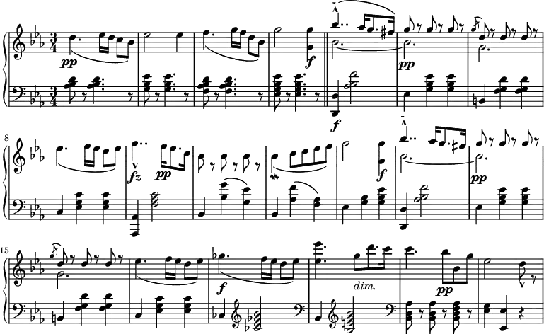   \relative d' {   \new PianoStaff <<    \new Staff { \key c \minor \time 3/4      <<    {      s4. s16 s s8 s s2 s4 s4. s16 s s8 s s2 s4\(( \bar "||" bes''4..-^) aes16[ g8. fis16]\) g8 r g r g r \slashedGrace g( d) r d r d r s4. s16 s s8 s s4.. s16 s8. s16 s8 s s s s s s4 s8 s s s s2 s4( bes'4..-^) aes16[ g8. fis16] g8 r g r g r \slashedGrace g( d) r d r d r s4. s16 s s8 s s4..    }     \\    {      d4. (ees16[ d] c8[ bes]) ees2 ees4 f4. (g16[ f] d8[ bes]) g'2 <g g,>4\f bes,2.~ bes2.\pp g2. ees'4.( f16[ ees] d8[ ees)] g4..-^\fz f16\pp[ ees8. c16] bes8 r bes r bes r bes4\mordent( c8[ d ees f)] g2 <g g,>4\f bes,2.~ bes2.\pp g2. ees'4.( f16[ ees] d8[ ees)] ges4.\f( f16[ ees] d8[ ees)] <ees ees'>4. g8_\markup { \italic dim. }[ d'8. c16] c4. bes8\pp bes, g' ees2 d8-^ r    }     >>    }    \new Dynamics {     s\pp       }    \new Staff { \key c \minor \time 3/4 \clef bass       <aes, bes d>8 r <aes bes d>4. r8 <g bes ees>8 r8 <g bes ees>4. r8 <f aes bes d>8 r <f aes bes d>4. r8 <ees g bes ees>8 r <ees g bes ees>4. r8 <d d,>4\f <aes' bes f'>2 ees4 <g bes ees> <g bes ees> b, <f' g d'> <f g d'> c <ees g c> <ees g c> <aes, aes,> <f' aes c>2 bes,4 <bes' g'>( <g ees'>) bes,4 <aes' f'>( <f aes>) ees <g bes> <g bes ees> <d d,> <aes' bes f'>2 ees4 <g bes ees> <g bes ees> b, <f' g d'> <f g d'> c <ees g c> <ees g c> ces \clef treble <ces' ees ges bes>2 \clef bass bes,4 \clef treble <bes' e g bes>2 \clef bass <bes, d aes'>8 r <bes d aes'>8 r <bes d f aes>8 r <ees g>4 <ees ees,> r    }   >>  } 