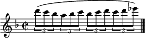  \relative c''' {   \time 2/2 \key f \major   \times 2/3 { d8( c bes } \times 2/3 { a bes c } \times 2/3 { bes c d } \times 2/3 { c d es) } | \bar "|." } 