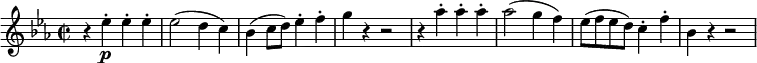  \relative a' {  \key ees \major \time 2/2  \tempo "" \tempo 4 = 300 r4 ees'\p\staccato ees\staccato ees\staccato ees2 (d4 c4) bes (c8 d) ees4\staccato f\staccato g r r2 r4 aes\staccato aes\staccato aes\staccato aes2 (g4 f4) ees8 (f ees d) c4\staccato f\staccato bes, r r2 } 