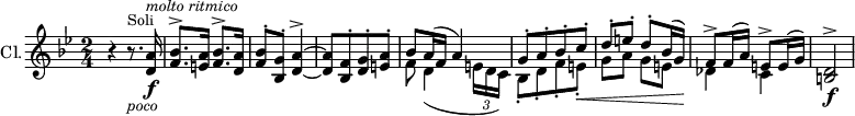  { \new PianoStaff    << \new Staff  \with { instrumentName="Cl."}   \relative c' {    \set Score.tempoHideNote = ##t  \tempo 2 = 52   \set Staff.midiInstrument = #"clarinet"    \set Staff.midiMinimumVolume = 0.2   \set Staff.midiMaximumVolume = 0.7   \set Staff.midiMaximumVolume = 0.7    \transposition a   \key g  \minor    \clef treble    \time 2/4    r4 r8.^\markup {\smaller "Soli"}_\markup {\italic \smaller "poco"} <d a'>16\f^\markup {\italic \smaller "molto ritmico" } |   <f bes>8.^\accent <e a>16 <f bes>8.^\accent <d a'>16 |   <f bes>8^\staccato  <bes, g'>8^\staccato <d a'>4^\accent~|   <d a'>8[ <bes f'>^\staccato <d g>^\staccato <e a>^\staccato] |   <<    \relative { bes'8 a16\=1( f a4\=1)}    \\   \relative { f'8 d4\=2( \tuplet 3/2 {e16 d c\=2) }} >> |   <<    \relative { g'8^\staccato[ a^\staccato bes^\staccato c^\staccato]}    \\   \relative { bes8\staccato[ d\staccato f\staccato e\staccato]\<} >> |   <<    \relative { d''8^\staccato e^\staccato d^\staccato bes16\=1( g\=1)}    \\   \relative {g'8 a g e } >> |   <<    \relative { f'8^\accent f16\=1( a\=1) e8^\accent e16\=2( g\=2)}    \\   \relative { des'4\! c} >> |   <b d>2^\accent\f |   }   >> } 