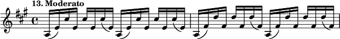  %etude13 \relative a {   \set Staff.midiInstrument = #"violin" \time 4/4 \tempo "13. Moderato" \key a \major a16 (e') cis' e, cis' e, cis' (e,) a,16 (e') cis' e, cis' e, cis' (e,) | a, (fis') d' fis, d' fis, d' (fis,) a, (fis') d' fis, d' fis, d' (fis,)  }  
