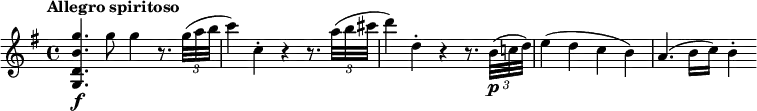 \relative c''' { \set Staff.midiInstrument = #"string ensemble 1" \override Score.NonMusicalPaperColumn #'line-break-permission = ##f \tempo "Allegro spiritoso" \key g \major \tempo 4 = 144 <g b, d, g,>4.\f g8 g4 r8. \times 2/3 { g32( a b } | c4) c,-. r r8. \times 2/3 { a'32( b cis } | d4) d,-. r r8. \times 2/3 { b32(\p c! d) } | e4( d c b) | a4.( b16 c) b4-. }