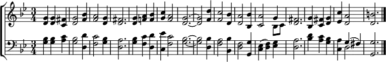 \new ChoirStaff << \new Staff { \time 3/4 \key g \minor \relative c'' { <g d> <g d> <fis c> | <g d>2 <bes f>4 | <a f>2 <g d>4 | <fis d>2. | <g d>4 <a f!> <bes f> | <c g> <a f>2 <g d>2. ~ <g d>2 <d' f,>4 | <c f,>2 <bes d,>4 | <a d,>2 <bes bes,>4 | <a c,>2 << { \voiceOne g4 } \new Voice { \voiceTwo bes,8 c } >> \oneVoice <fis d>2. | <g bes,>4 <fis c> <g d> | <c ees,> <a d,>2 | <b d,>2. \bar "|." } } \new Staff { \time 3/4 \key g \minor \clef bass <bes g>4 <bes g> <c' a> | <bes g>2 <d' d>4 | <c' f>2 <bes g>4 | <a d>2. | <bes g>4 <c' f> <d' d> | <ees' c> <c' f>2 | <bes g>2. ~ <bes g>2 <bes d>4 | <a f>2 <bes bes,>4 | <f d>2 <g g,>4 | <ees c>( <f d>) <g ees> | <a d>2. | <d' bes>4 <c' a> <bes g> | <a c> << { \voiceOne g( fis) } \new Voice { \voiceTwo d2 } >> \oneVoice <g g,>2. \bar "|." } >>