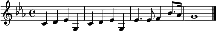 \relative c' { \key c \minor \time 4/4 c d es g, % parentheses create slurs c d es g, es'4. es8 f4 bes8. as16 g1 \bar "|." }