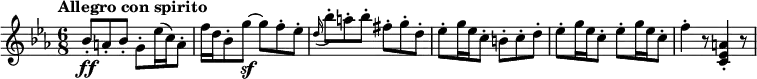  \relative a' {  \key ees \major \time 6/8  \tempo "Allegro con spirito" \tempo 4 = 120 bes8\ff\staccato a\staccato bes\staccato g\staccato ees'16 (c) a8\staccato f'16 d  bes8\staccato g'\sf~ g f\staccato ees\staccato \appoggiatura d16 bes'8\staccato a\staccato bes\staccato fis\staccato g\staccato d\staccato ees\staccato g16 ees c8\staccato b\staccato c\staccato d\staccato ees\staccato g16 ees c8\staccato ees\staccato g16 ees c8\staccato  f4\staccato r8 <c, ees a>4\staccato r8 } 