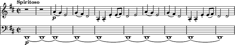 <<   \new Staff  \relative a'  {  \key d \major \time 2/2  \tempo "Spiritoso" \tempo 4 = 230 \clef treble  r1 r1 a4\p (g4) e2 g4 (fis4) d2 a4\staccato a\staccato e'\staccato e8 (fis8) d2 e2 a4 (g4) e2 g4 (fis4) d2 a4\staccato a\staccato e'\staccato e8 (fis8) d2 d2 }   \new Staff  \relative a  { \key d \major  \clef bass  d,,1\p (d1) (d1) (d1) (d1) (d1) (d1) (d1) (d1) (d1)} >>