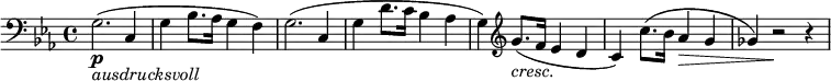{ \new PianoStaff << \new Staff \relative g { \set Staff.midiInstrument = #"string ensemble 1" \key c \minor \clef bass \time 4/4 \set Score.tempoHideNote = ##t \tempo 4 = 60 g2. \p _\markup{ \italic {ausdrucksvoll} } ( c,4 | % 2 g'4 bes8. as16 g4 f4 ) | % 3 g2. ( c,4 | % 4 g'4 d'8. c16 bes4 as4 | % 5 g4 ) \clef "treble" g'8. _\markup{ \italic {cresc.} } ( f16 es4 d4 | % 6 c4 ) c'8. ( bes16 as4 \> g4 | % 7 ges4 ) r2 \! r4 } >> }