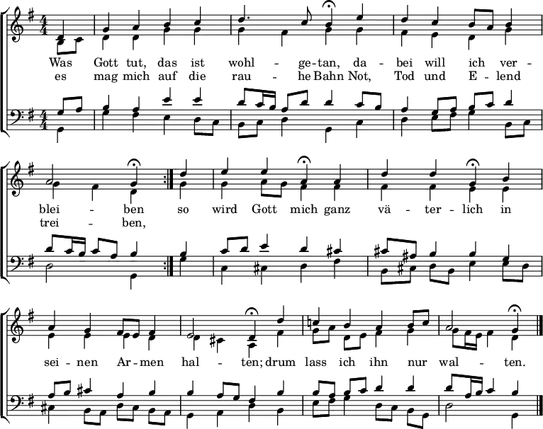  \header { tagline = " " } \layout { indent = 0 \context { \Score \remove "Bar_number_engraver" } } global = { \key g \major \numericTimeSignature \time 4/4 \set Score.tempoHideNote = ##t \set Timing.beamExceptions = #'()}  soprano = \relative c' { \global   \tempo 4=72   \repeat volta 2 { \partial 4 d4 |   g a b c |   d4. c8 \tempo 4=30 b4\fermata \tempo 4=72 e |   d c b8 a b4 |   a2 \tempo 4=30 g4\fermata } \tempo 4=72 d' |   e e \tempo 4=30 a,\fermata \tempo 4=72 a |   d d \tempo 4=30 g,\fermata \tempo 4=72 b |   a g fis8 e fis4 |   e2 \tempo 4=30 d4\fermata \tempo 4=72 d' |   c! b a b8 c |   a2 \tempo 4=30 g4\fermata \bar "|." }  alto = \relative c' { \global   \partial 4 b8 c |   d4 d g g |   g fis g g |   fis e d g |   g fis d g |   g a8 g fis4 fis |   fis fis e e |   e e e d |   d cis a fis' |   g8 a d, e fis4 g |   g8 fis16 e fis4 d }  tenor = \relative c' { \global   \partial 4 g8 a |   b4 a e' e |   d8 c16 b a8 d d4 c8 b |   a4 g8 a b c d4 |   d8 c16 b c8 a b4 b |   c8 d e4 d cis |   cis8 ais b4 b g |   a8 b cis4 a b |   b a8 g fis4 b |   b8 a b c d4 d |   d8 a16 b c4 b }  bass = \relative c { \global   \partial 4 g4 |   g' fis e d8 c |   b c d4 g, c |   d e8 fis g4 b,8 c |   d2 g,4 g' |   c, cis d fis |   b,8 cis d b e4 e8 d |   cis4 b8 a d cis b a |   g4 a d b |   e8 fis g4 d8 c b g |   d'2 g,4 }  \score {   \new ChoirStaff <<     \new Staff \with { midiInstrument = "choir aahs" }     <<       \new Voice = "soprano" { \voiceOne \soprano }       \new Voice = "alto" { \voiceTwo \alto }     >>     \new Lyrics \lyricsto "soprano" {       <<         { Was Gott tut, das ist wohl -- ge -- tan,           da -- bei will ich _ ver -- blei -- ben  }           \new Lyrics { \set associatedVoice = "soprano" {                         es mag mich auf die rau -- he Bahn                         Not, Tod und E -- _ lend trei -- ben, }           }       >>       so wird Gott mich ganz vä -- ter -- lich       in sei -- nen Ar -- _ men hal -- ten;       drum lass ich ihn nur _ wal -- ten.     }     \new Staff \with { midiInstrument = "choir aahs" }     <<       \clef bass       \new Voice = "tenor" { \voiceOne \tenor }       \new Voice = "bass" { \voiceTwo \bass }     >>   >>   \layout { }   \midi { } } 