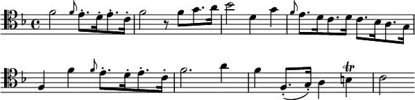   { \relative c' { \clef tenor \key f \major   f2 \grace f8 e8.-.[ d16-. e8.-. c16-.] | f2 r8 f8[ g8. a16] | bes2 d,4 g | \grace f8 e8.[ d16 c8. d16] c8.[ bes16 a8. g16] | f4 f' \grace f8 e8.-.[ d16-. e8.-. c16-.] | f2. a4 | f f,8.-.( g16-.) a4 b \trill | c2 } } \layout { \context {\Score \omit BarNumber} line-width = #150 } 