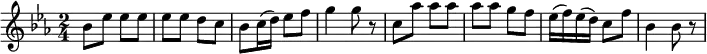  \relative a' {  \key ees \major \time 2/4  \tempo "" \tempo 4 = 110 bes8 ees ees ees ees ees d c  bes c16 (d) ees8 f g4 g8 r8 c,8 aes' aes aes aes aes g f ees16 (f) ees (d) c8 f bes,4 bes8 r } 
