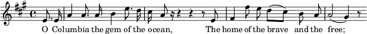    \new Staff {     <<       \new Voice = "one" \relative c' {         \autoBeamOff         \clef treble         \key a \major         \time 4/4          \partial 8*2 e8. e16 |         a4 a8. a16 b4 e8. d16 | cis16 a8 r16 r4 r r8 e8 |         fis4 fis'8 e d([ cis]) b a | a2( gis4) r8       }       \new Lyrics \lyricsto "one" {         O Co -- lum -- bia the gem of the o -- cean,         The home of the brave__ and the free;__       }     >>   } 