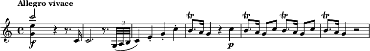  \layout { \set Score.tempoHideNote = ##t } \relative c''' { \set midiInstrument = "string ensemble 1"   \tempo "Allegro vivace" \tempo 4 = 160   <<     { c2\f } \\     { <e, g,>4 s }   >>   r4 r8. c,16 |   c2. r8. \times 2/3 { g32( a b } |   c4) e-. g-. c-. |   b8.\trill a16 g4 r c\p |   \repeat unfold 2 { b8.\trill a16 g8 c } |   b8.\trill a16 g4 r2 | } 