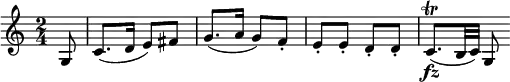  \relative a {  \key c \major \time 2/4  \tempo "" \tempo 4 = 60 \partial 8 g8 c8. (d16 e8) fis g8. (a16 g8) f\staccato e\staccato e\staccato d\staccato d\staccato c8.\fz\trill (b32 c32) g8  } 