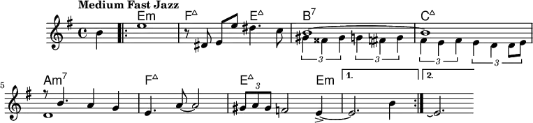  \version "2.22.0"  \header { tagline = "" }  global = {   \time 4/4   \key e \minor   \set Score.tempoHideNote = ##t   \tempo "Medium Fast Jazz" 4=130   \set chordChanges = ##t }  chordNames = \transpose c c, \chordmode {   \global   s4 |   \repeat volta 2 {     e1:m |     f2:maj7 e2:maj7 |     b1:7 |     c1:maj7 |     a1:m7 |     f1:maj7 |     e2.:maj7 e4:m~ |   }   \alternative {     { e1:m | }     { e1:m | }   } }  melody = \relative c'' {   \partial 4 b4 |   \repeat volta 2 {     e1 |     r8 dis, e[ e'] dis4. c8 |     <<       { \voiceOne b1~ | b1 | r8 b4. a4 g |}       \new Voice {         \voiceTwo         \tuplet 3/2 { gis4 fisis gis } \tuplet 3/2 { g4 fis g } |         \tuplet 3/2 { fis4 e fis } \tuplet 3/2 { e d d8e } |         d1 |       }     >> \oneVoice     e4. a8~ a2 |     \tuplet 3/2 { gis8 a gis } f2 e4~-> |   }   \alternative {     { e2. b'4 | }     { e,2.\repeatTie }   } }  \score {   <<     \new ChordNames \chordNames     \new Staff {       \global       \melody     }   >>   \layout { } }  \score {   \unfoldRepeats   <<     \new ChordNames \chordNames     \new Staff {       \global       \melody     }   >>   \midi { } } 
