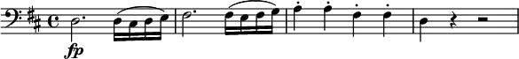 { \time 4/4 \set Score.tempoHideNote = ##t \tempo 4 = 160 \clef "bass" \key d \major d2.\fp d16 (cis d e) fis2. fis16 (e fis g) a4-. a-. fis-. fis-. d r r2 }