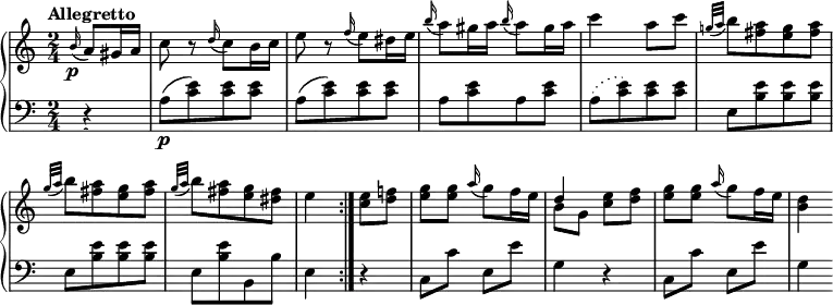  \header { tagline = ##f } \layout { indent = 0 \context { \Score \remove "Bar_number_engraver" } } global = { \key c \major \time 2/4 \partial 4 \tempo "Allegretto" }  right = \relative c'' { \global   \repeat volta 2 { \appoggiatura b16\p a8 gis16 a | c8 r \appoggiatura d16 c8 b16 c | e8   r8 \appoggiatura f16 e8 dis16 e | \appoggiatura b'16 a8 gis16 a   \appoggiatura b16 a8 gis16 a | c4 a8 c | \appoggiatura {g!32 a } b8 [<a fis> <g e> <a fis>] |   \appoggiatura { g32 a } [b8 <a fis> <g e> <a fis>] |   \appoggiatura { g32 a } [b8 <a fis> <g e> <fis dis>]| e4 }   <e c>8 <f! d> | <g e> q \appoggiatura a16 g8 f16 e | << {d4} \\ {b8 g} >> <e' c> <f d> |   <g e> q \appoggiatura a16 g8 f16 e | <d b>4 }  left = \relative c' { \global \clef bass   \repeat volta 2 {\appoggiatura s16 r4 | a8\p [(<e' c>) q q] |  a,8 [(<e' c>) q q] |   a, [<e' c> a, <e' c>] | \slurDotted a, [(<e' c>) q q] | e, [<e' b> q q] | e, [<e' b> q q] |   e, [<e' b> b, b'] | e,4 }   r4 | c8 c' e, e' | g,4 r | c,8 c' e, e' | g,4 }  \score {   \new PianoStaff   <<     \new Staff = "right" \with { midiInstrument = "acoustic grand" } \right     \new Staff = "left"  \with { midiInstrument = "acoustic grand" } \left   >>   \layout { } } %{ \score { \unfoldRepeats { << \right \\ \left >> }   \midi { \tempo 4=126 } } %} 