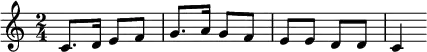  \relative a {  \key c \major \time 2/4  \tempo "" \tempo 4 = 60 c8. d16 e8 f g8. a16 g8 f e e d d c4 } 