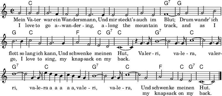 \header { tagline = ##f } \layout { indent = 0 \context { \Score \remove "Bar_number_engraver" } } global = { \key c \major \time 2/2 \partial 2 } chordNames = \chordmode { \global \set ChordNames.midiInstrument = #"acoustic guitar (nylon)" \set chordChanges = ##t s2 | c,1 | c, | c, | c, | c, | c, | g,:7~ | g,2 g,2 | g,1 | g, | c, | c, | f, | c,2 g,:7 | c,1~ | c,2 s2 | g,1:7~ | g,2:7 s | c,1~ | c,2 s | g,1:7~ | g,2:7 s2 | c,1 | c, | g,:7~ | g,2:7 s | c,1~ | c, | f, | c,2 g,:7 | c,1~ | c,2 \bar "|." } tenorVoice = \relative c'' { \global g2 | g g | g2. f4 | f2 e | e2. e4 | e2 e | g e | f1~ | f2 g2 | g b | b2. b4 | c2 g | g2. g4 | a2 f | e d | c1~ | c4 r g'4. g8 | b1~ b2 g4. g8 | c1~ | c2 g4. g8 | d'1~ | d2 g,4. g8 | e'4 d c b | c b a g | b1~ | b2 g4. g8 | c1~ | c2 g | a f | e d | c1~ | c2\bar "|." } verse = \lyricmode { Mein Va -- ter war ein Wan -- ders -- mann, Und mir steckt’s auch im Blut; Drum wandr’ ich flott so lang ich kann, Und schwen -- ke mei -- nen Hut, Va -- ler -- ri, va -- le -- ra, va -- ler -- ri, va -- le -- ra a a a a a, va -- le -- ri, va -- le -- ra, Und schwen -- ke mei -- nen Hut. } verseE = \lyricmode { I love to go a- -- wan -- der -- ing, a -- long the moun -- tain track, and as I go, I love to sing, my knap -- sack on my back. \repeat unfold 23 { \skip 1} my knap -- sack on my back. } chordsPart = \new ChordNames \chordNames tenorVoicePart = \new Staff \with { midiInstrument = "accordion"} { \tenorVoice } \addlyrics { \verse } \addlyrics { \verseE } \score { << \chordsPart \tenorVoicePart >> \layout { } \midi { \tempo 4=256 } }