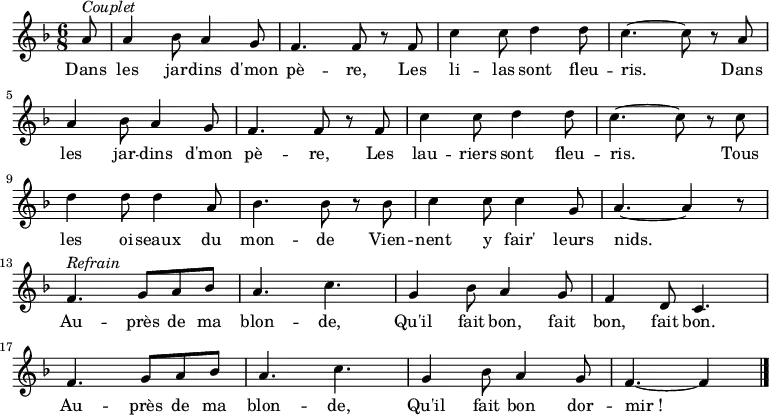 \new Staff { \relative c'' { \key f \major \numericTimeSignature \time 6/8 \partial 8 a8^ \markup { \italic Couplet } a4 bes8 a4 g8 f4. f8 r f c'4 c8 d4 d8 c4. ~ c8 r a \break a4 bes8 a4 g8 f4. f8 r f c'4 c8 d4 d8 c4. ~ c8 r c \break d4 d8 d4 a8 bes4. bes8 r bes c4 c8 c4 g8 a4. ~ a4 r8 \break f4.^ \markup { \italic Refrain } g8 a bes a4. c g4 bes8 a4 g8 f4 d8 c4. \break f g8 a bes a4. c g4 bes8 a4 g8 f4. ~ f4 \bar "|." } } \addlyrics { \lyricmode { Dans les jar -- dins d'mon pè -- re, Les li -- las sont fleu -- ris. Dans les jar -- dins d'mon pè -- re, Les lau -- riers sont fleu -- ris. Tous les oi -- seaux du mon -- de Vien -- nent y fair' leurs nids. Au -- près de ma blon -- de, Qu'il fait bon, fait bon, fait bon. Au -- près de ma blon -- de, Qu'il fait bon dor -- mir_! } } \midi { \context { \Score tempoWholesPerMinute = #(ly:make-moment 360 8) } }