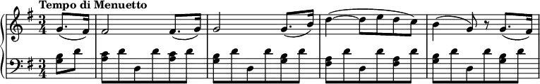  \new PianoStaff <<  \new Staff \relative c'' {   \tempo "Tempo di Menuetto"   \key g \major \time 3/4   \partial 4 g8.( fis16) |   fis2 fis8.( g16) |   g2 g8.( b16) |   d4~( d8 e d c) |   b4( g8) r g8.( fis16) |  }  \new Staff \relative c' {   \key g \major \clef bass   <b g>8 d |   <c a>8 d d, d' q d |   <b g>8 d d, d' q d |   <a fis>8 d d, d' q d |   <b g>8 d d, d' q d |  } >> 