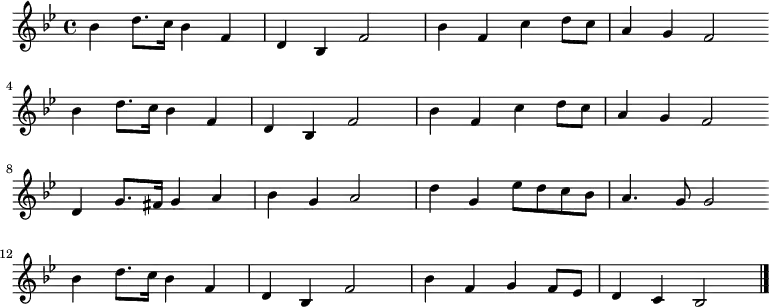  \new Staff << \clef treble \key bes \major {       \time 4/4 \partial 1           \relative bes' { 	bes4 d8. c16 bes4 f | d4 bes f'2 | bes4 f c' d8 c | a4 g f2 \bar"" \break         bes4 d8. c16 bes4 f | d4 bes f'2  | bes4 f c' d8 c | a4 g f2 \bar"" \break         d4 g8. fis16 g4 a | bes4 g a2 | d4 g, es'8 d c bes | a4. g8 g2 \bar"" \break         bes4 d8. c16 bes4 f | d4 bes f'2  | bes4 f g f8 es | d4 c bes2 \bar"|."       }     } %\new Lyrics \lyricmode { %} >> \layout { indent = #0 } \midi { \tempo 4 = 86 } 