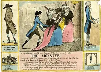 Five-part cartoon, showing Williams as the monster on the streets, attacking the Porters, in court, being transported and being hanged