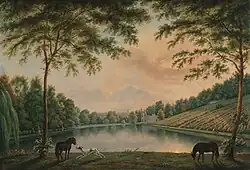 An oil painting of a lake with a vineyard planted on the adjacent hillside, a gothic folly in the distance, and two horses and a dog in the foreground