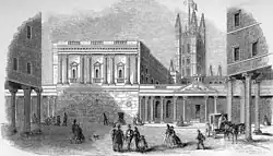 Engraving of the Pump Room and exterior of the baths in Bath