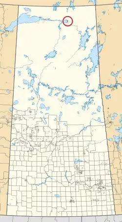 A map of the province of Saskatchewan showing 297 rural municipalities and hundreds of small Indian reserves. One is highlighted with a red circle.
