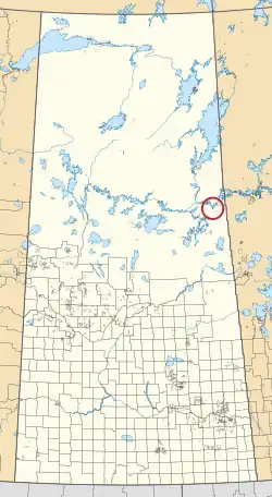 A map of the province of Saskatchewan showing 297 rural municipalities and hundreds of small Indian reserves. One is highlighted with a red circle.