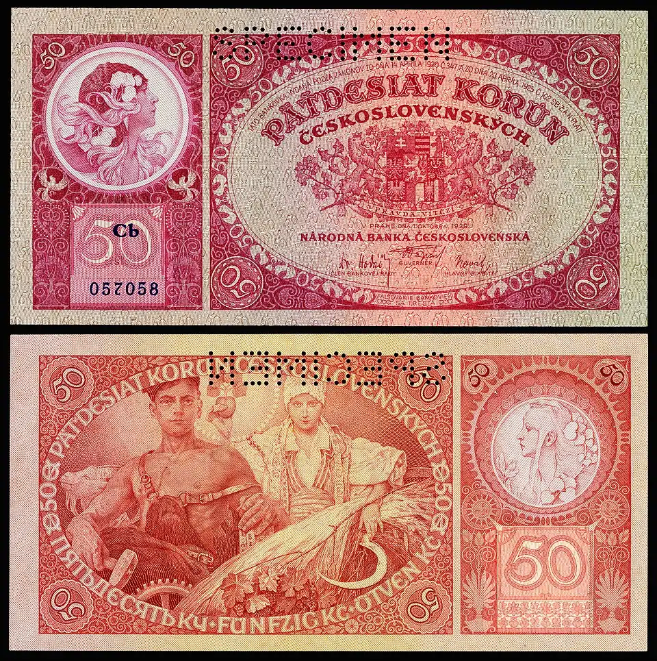 Jaroslava Muchová (by Alphonse Mucha) depicted on the 1929 50 koruna banknote.