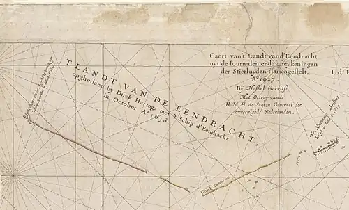 Caert van't Landt van d'Eendracht (detail showing Eendrachtsland) – Text on the close-up crop from the main chart reads, T Landt van de Eendracht, opghedaen by Dirck Hartogs met 't Schip d'Eendracht in October A° 1616 (transl. The Land of Eendracht, discovered by Dirk Hartog of the Eendracht in October 1616)