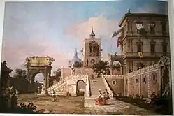 Capriccio of a Renaissance Palazzo with a monumental Staircase, a Clock Tower and the Arch of Titus beyond
