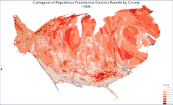 Cartogram of Republican presidential election results by county