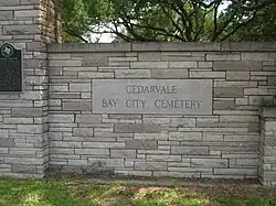 Entrance to Cedarvale Bay City Cemetery, which dates to 1896 with the burial of Rufus A. Mathis, an early Bay City pioneer