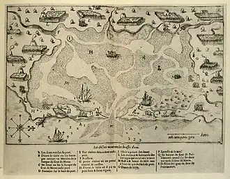 A hand-drawn map and nautical chart. In the center is a harbor area in which boats are drawn. On the shores of the harbor are depictions of fields and houses. Numbers on the watery areas indicate the water depth. A legend at the bottom describes various marked parts of the chart in French.