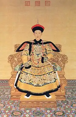 Qing dynasty, dated 1736. Hanging scroll; H 220 cm × W 183 cm. This official court portrait was completed in 1736, the year of Qianlong’s ascension to the throne at age 25. It is currently part of the collection of the Forbidden City Palace Museum in Beijing, China. The painting shows the emperor in winter court dress