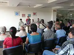 A book release in progress.