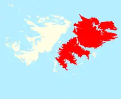 Location of East Falkland (red) in the Falkland Islands (red & white)