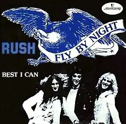 A black and white picture sleeve with three men and a blue and white owl at the top.