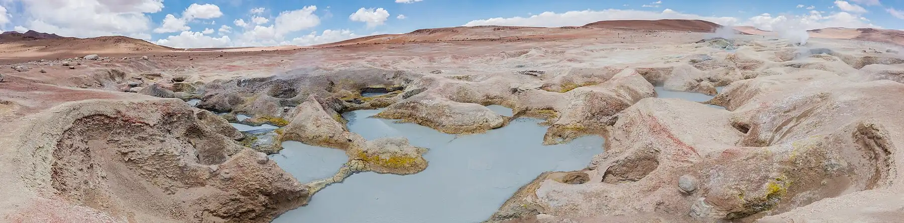 Panorama of the vents, which form interconnected depressions in the ground and are filled with mud.