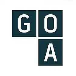 Three navy blue squares. One contains the letter G, one contains the letter O, one contains the letter A.