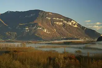 Mist over le marais de Lavours (view looking north). In the background the Grand Colombier, on the right Culoz