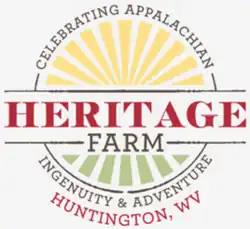 Round logo with yellow sunrays on the top, green crop rows on the bottom, and reading Heritage Farm Museum and Village, Celebrating Appalachian Ingenuity & Adventure, Huntington, West Virginia"