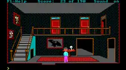 Screenshot showing a pixelated character in a mansion hallway with UI elements