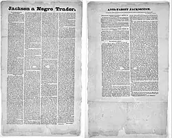 "Jackson a negro trader" and "Anti-Tariff Jacksonism" broadside (1828) (LCCN 2020772160)